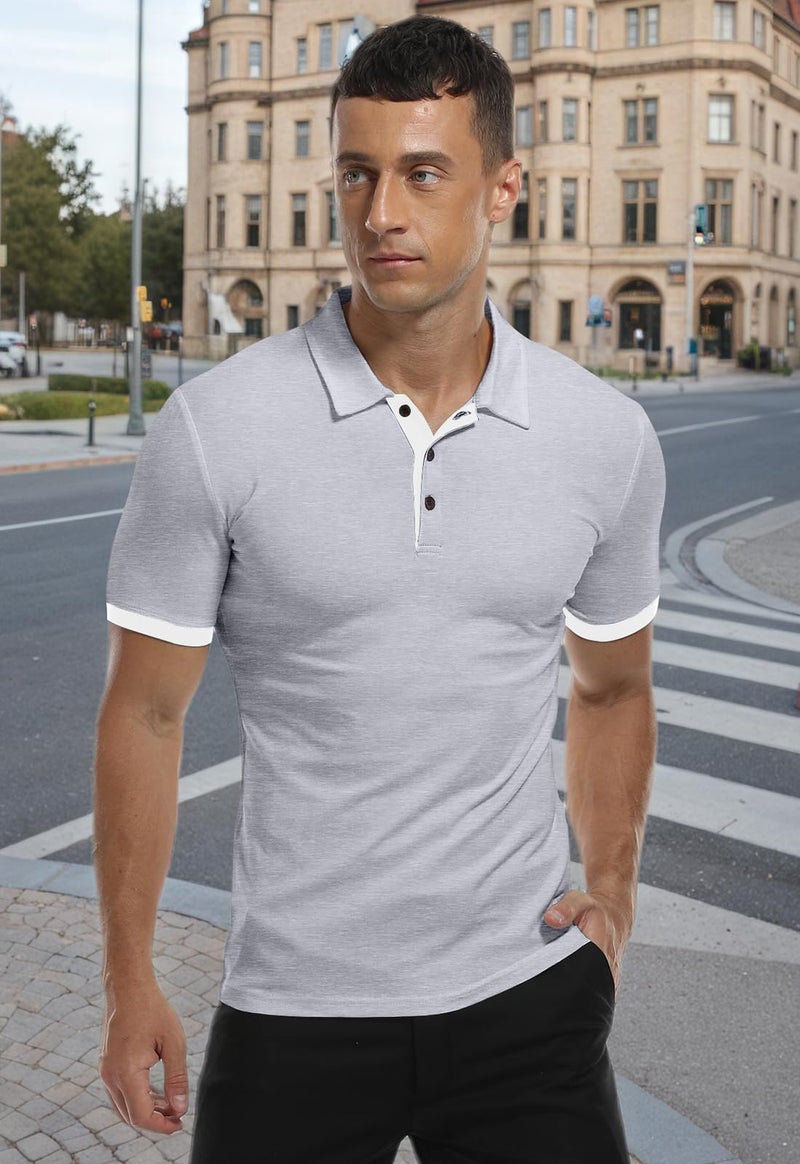 KUYIGO Men's Perfect Slim Fit Shirts Short Sleeve Soft Fitted Polo Shirt Large Light Grey - Image 4